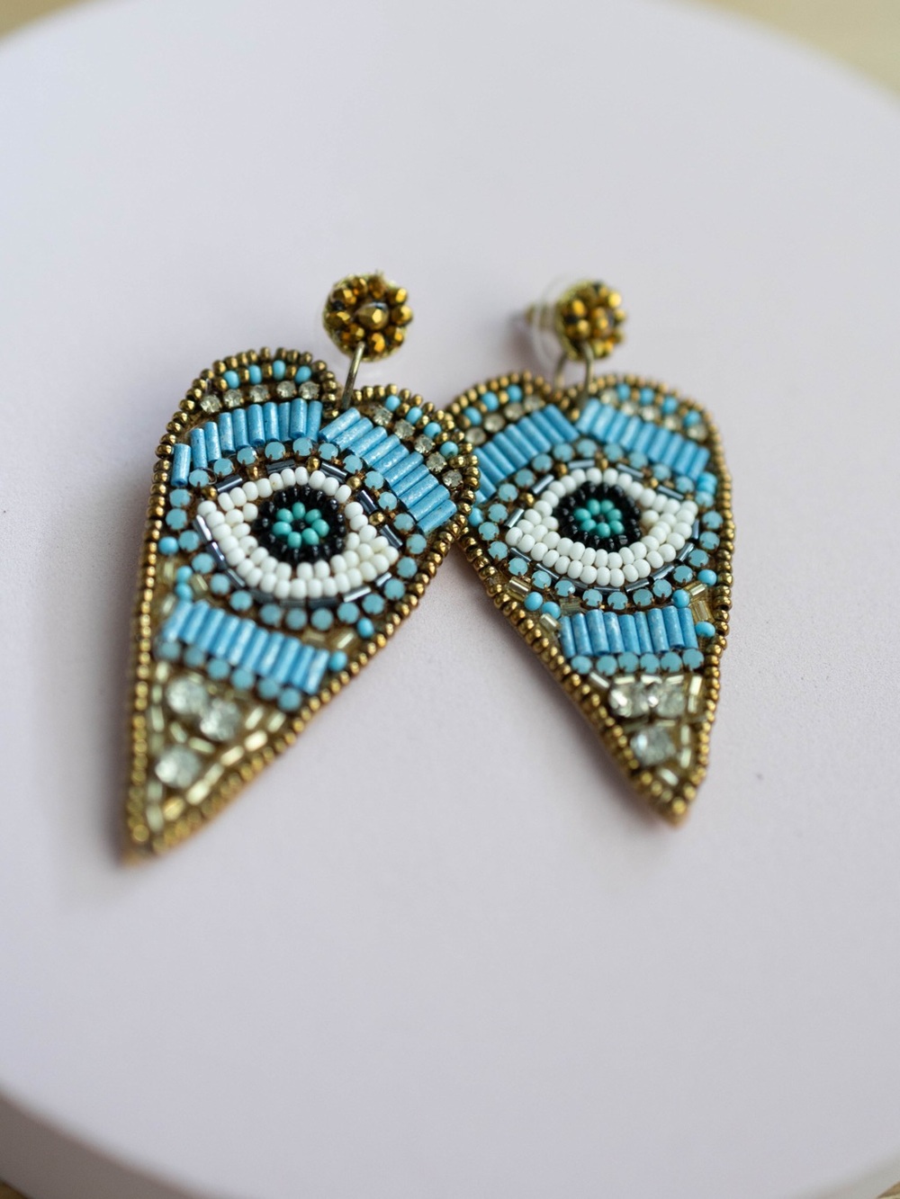 Beaded Evil Eye Drop Earrings in Light Blue and Gold